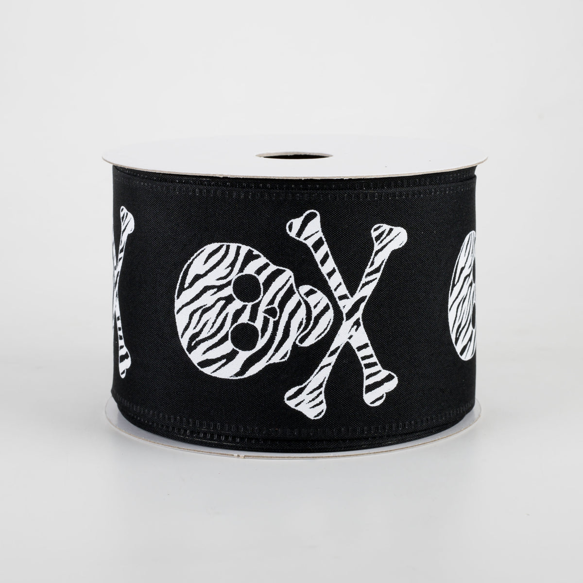 2.5" Zebra Stripe Skull & Crossbone Satin Ribbon: Black (10 Yards)