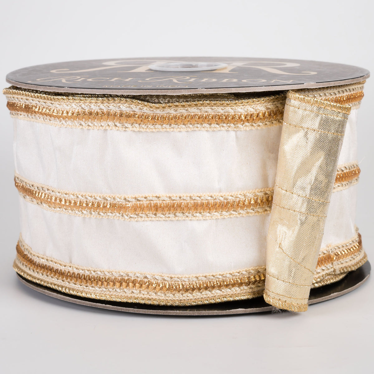 4" Zig Zag Trim on Metallic Backed Dupioni Ribbon: Ivory & Gold (10 Yards) Item Number: RR0050